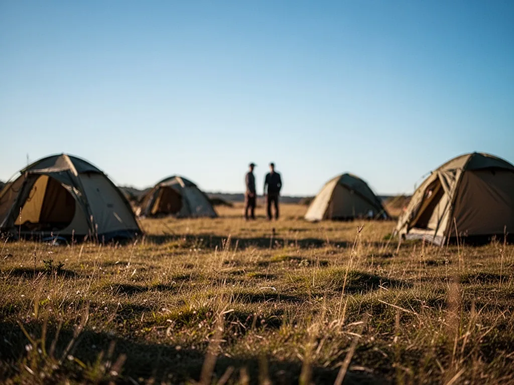 A grassy field with several tents spaced apart, two blurred silhouettes in background, clear blue sky, midday sunlight
