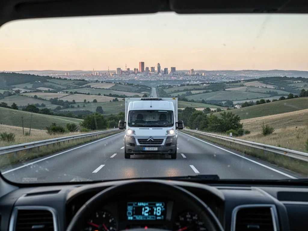 A white rental utility van driving on a straight rural highway through rolling Drôme hills toward distant Lyon skyline,