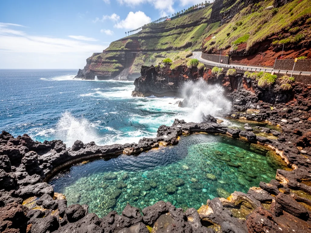 Natural lava rock pools filled with clear turquoise seawater, rugged Atlantic coastline, a winding mountain road high ab