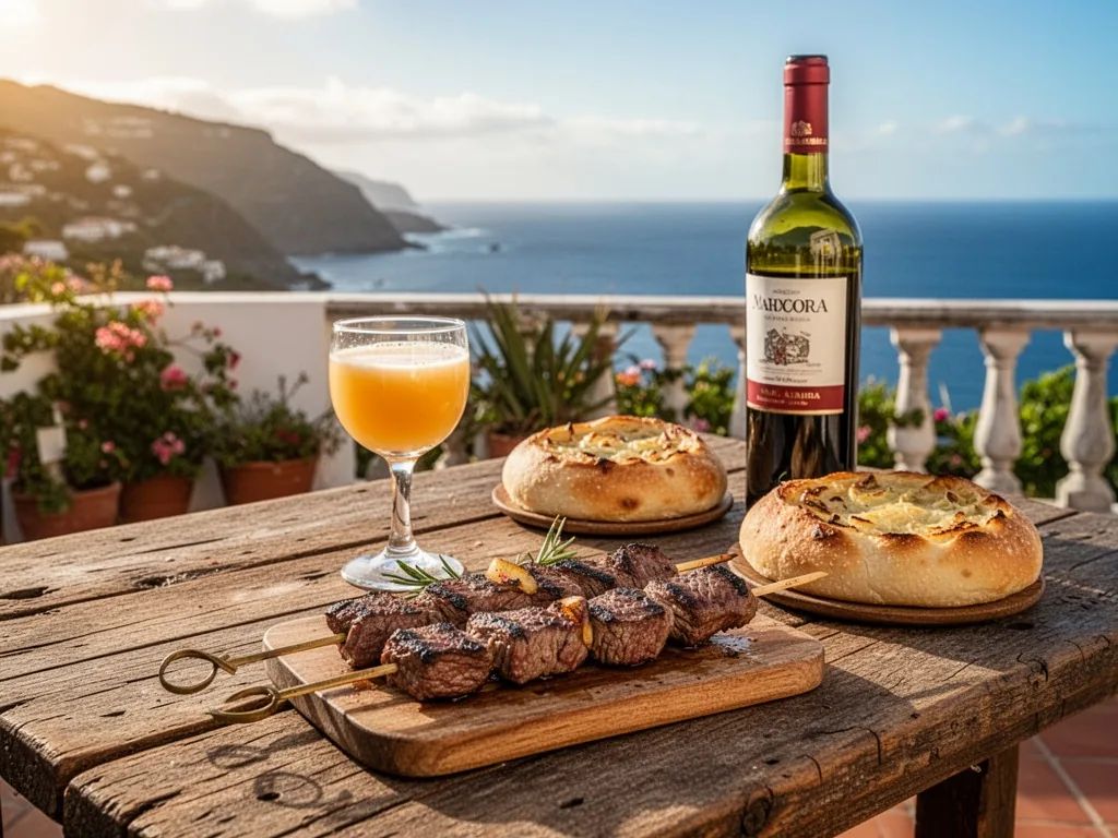 A rustic wooden table with a glass of poncha, a skewer of grilled beef, a round garlic bread, Madeira wine bottle, warm