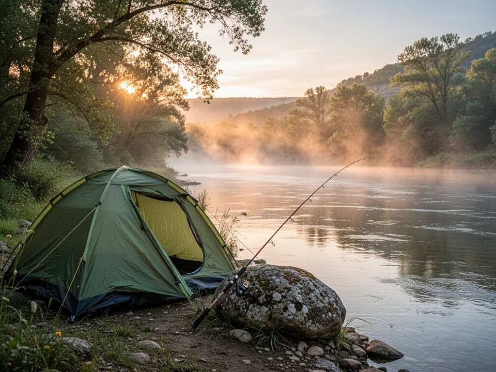 A riverside tent with fishing rod leaning against a rock, mist rising from Drôme River, soft sunrise light filtering thr