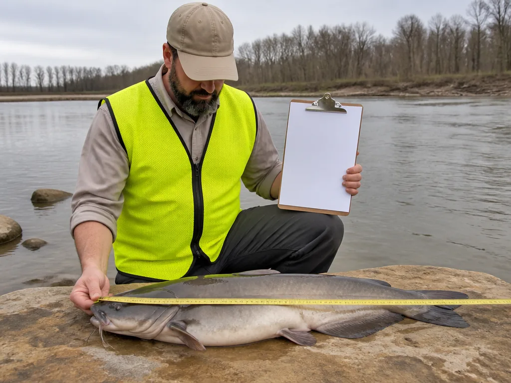 Photorealistic editorial photograph of a local park ranger holding a blank clipboard and measuring a large catfish on a 