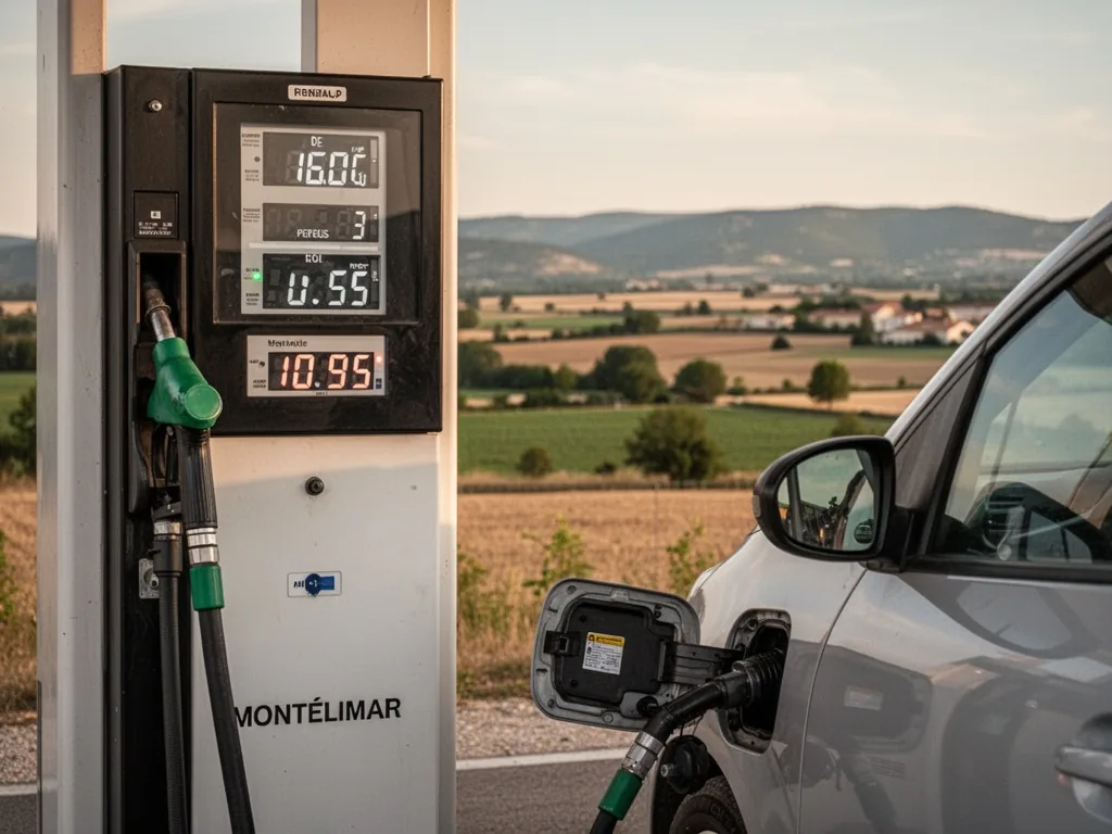 A fuel pump with a digital screen showing low fuel price, foreground of a car's open fuel cap, background of Montélimar'