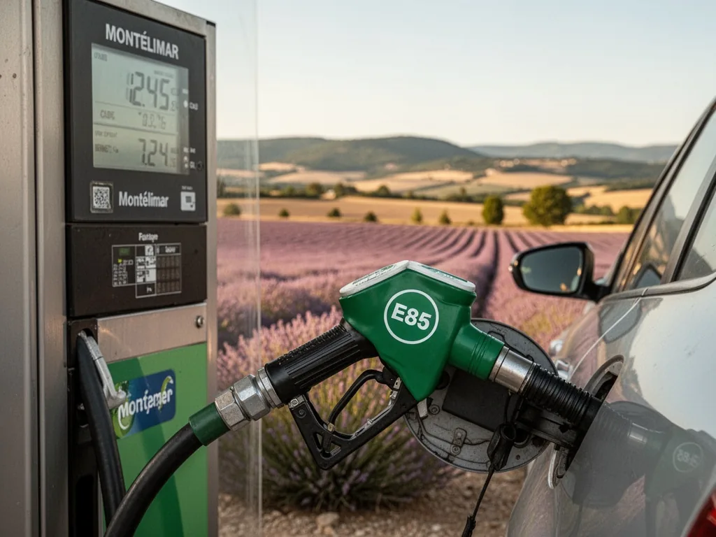 A close-up of a green E85 fuel nozzle pumping into a car, the pump display showing price, background of Montélimar's lav