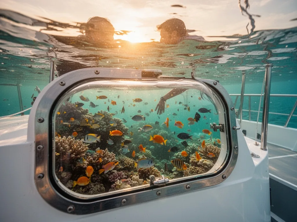 A transparent underwater viewing window of a seascope boat revealing colorful fish and coral reefs, above water a blurre