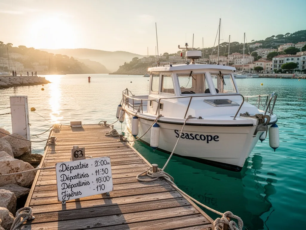 A wooden dock at the port of Hyères with a white Seascope boat moored, a small handwritten sign indicating departure tim