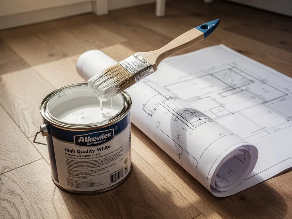 A paintbrush resting on an open can of high-quality white paint, next to a rolled-up blueprint on a wooden floor
