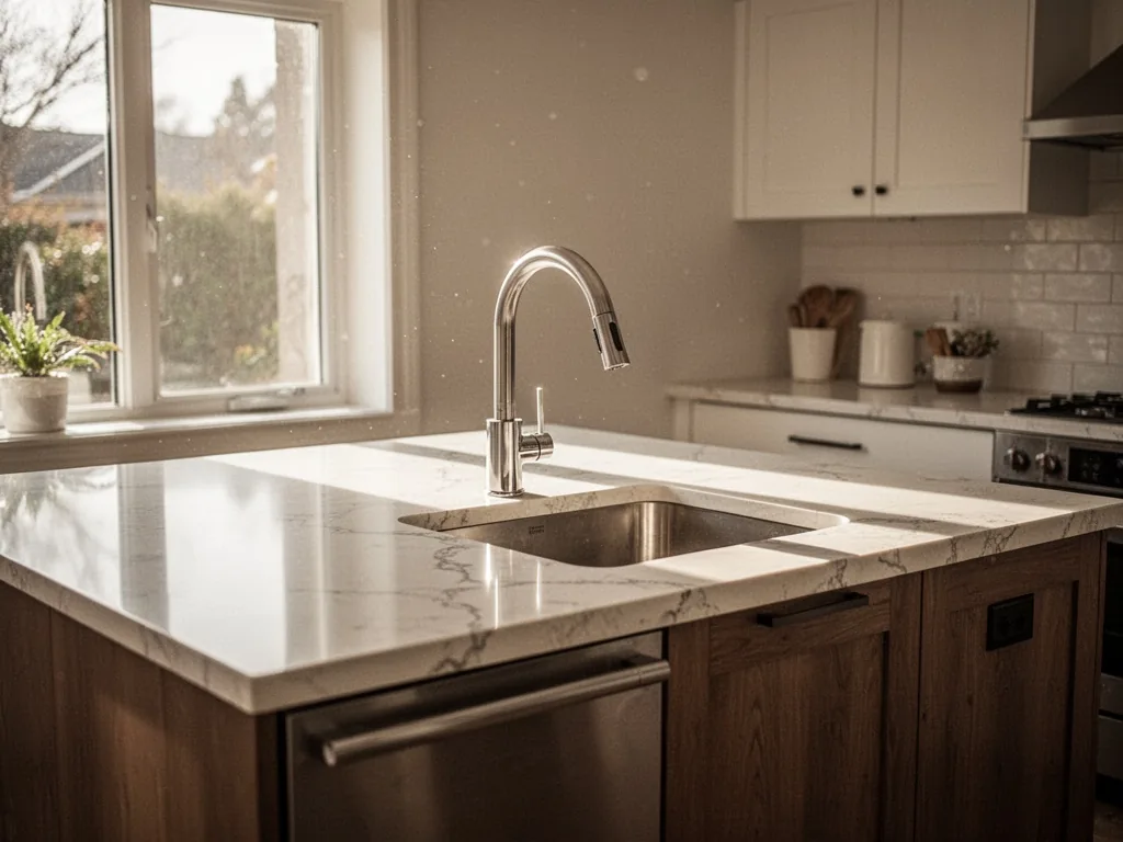 A modern kitchen island with quartz countertop and stainless steel faucet, natural light streaming from a window