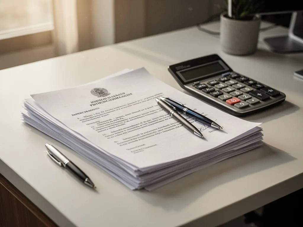 A stack of official-looking documents with a pen and calculator on a clean desk, soft office lighting