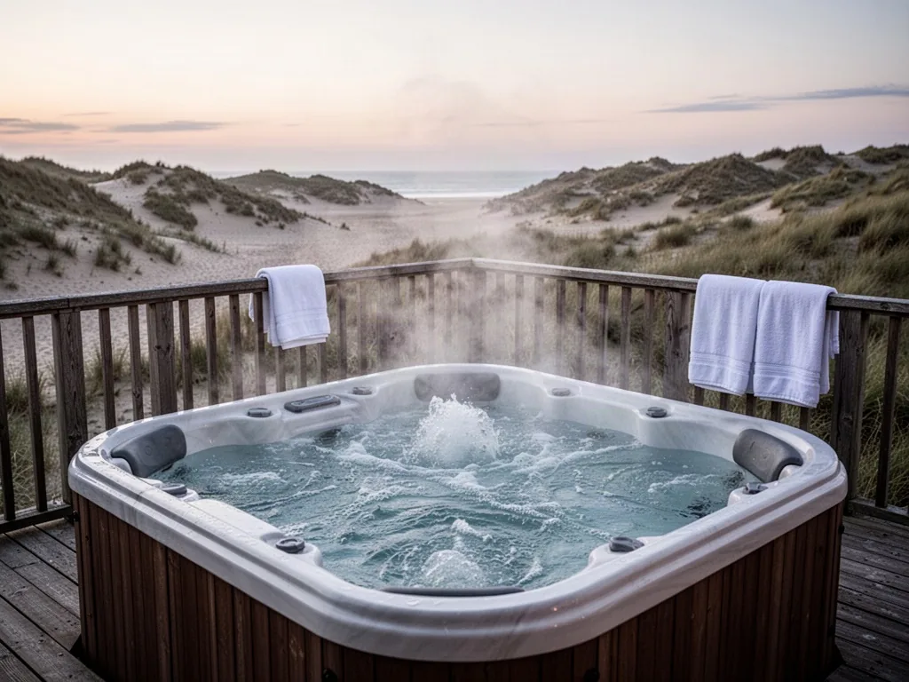 An overflowing private jacuzzi on a wooden terrace overlooking the Opal Coast dunes, steam rising from hot water, white 