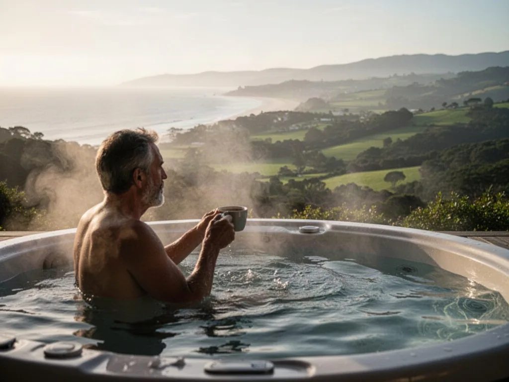 A blurred silhouette of a middle-aged man sitting in a steaming private jacuzzi, coffee cup in hand, gazing over a lush 