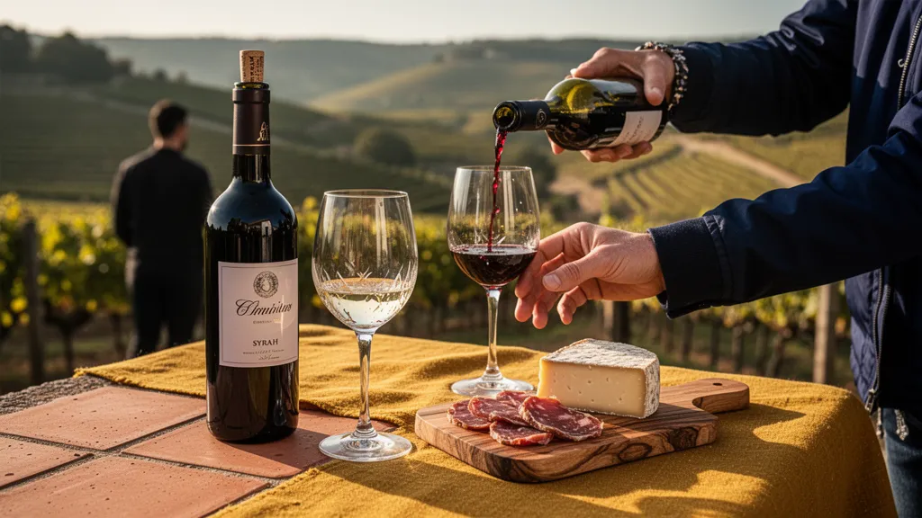 Vignoble de Saint-Joseph en coteaux, rangs de vignes sous un ciel clair au printemps