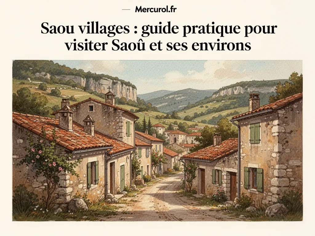 Vue depuis un belvédère sur le village de Saoû, maisons en pierre claire et aiguilles rocheuses du massif en arrière-plan