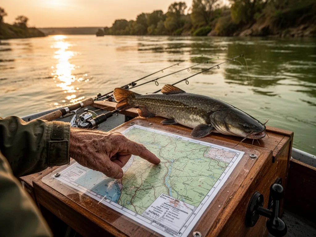 A local fishing guide's weathered hand pointing at a river map on a wooden boat console, two catfish rods resting behind