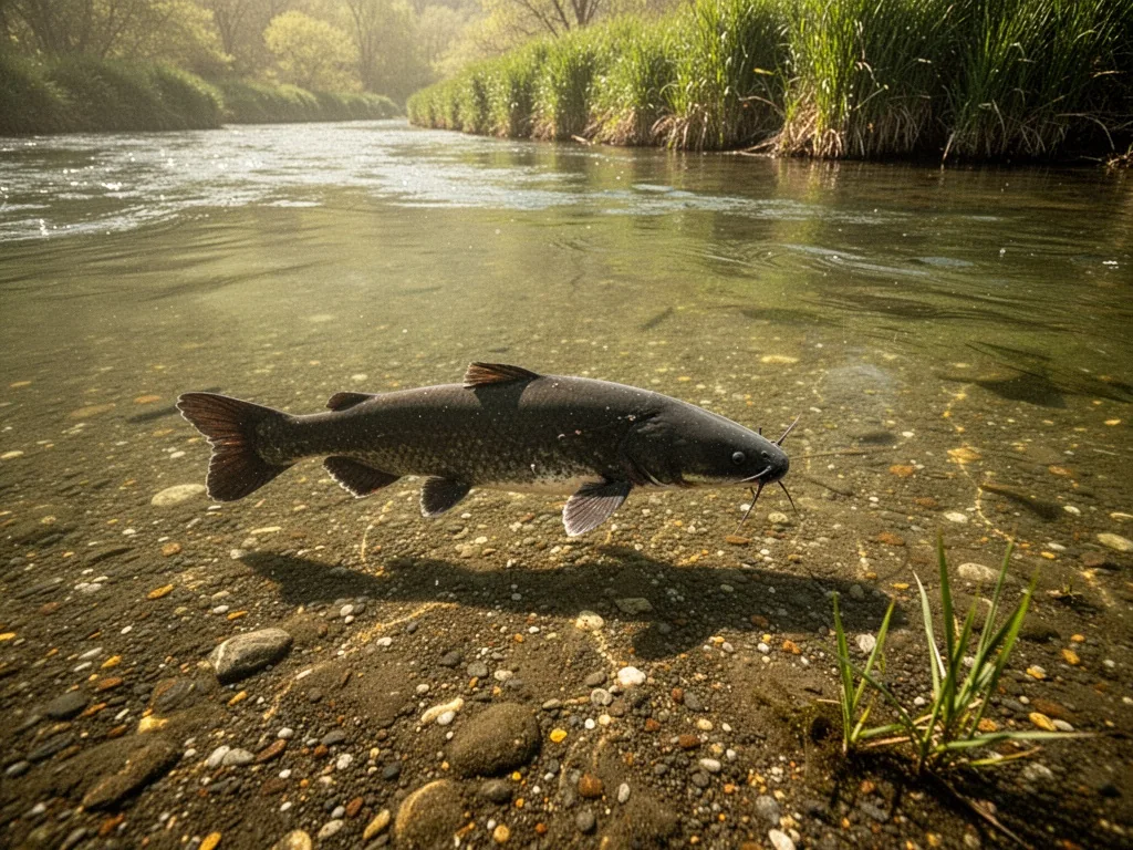 A big catfish silhouette gliding over a sunlit gravel flat in clear shallow river water, riverbank reeds at the edge, ri