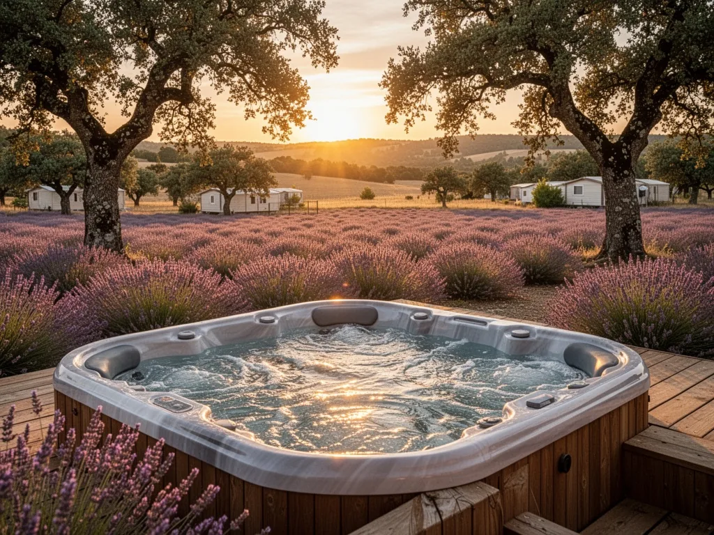 A private jacuzzi on a wooden deck at a campsite, surrounded by lavender fields and oak trees, golden sunset light refle