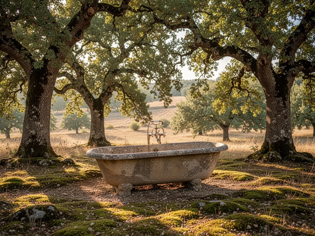 A stone bathtub nestled under a canopy of green oak trees, dappled sunlight filtering through leaves, mossy ground, soft