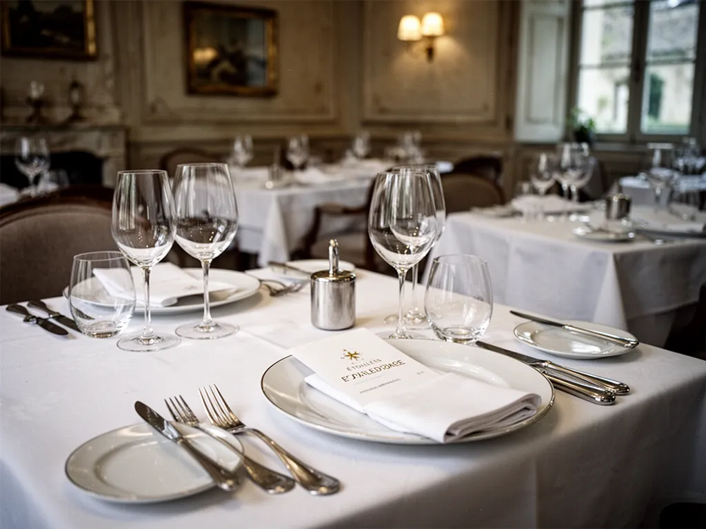 Table dressée dans un restaurant gastronomique de la Drôme, verres alignés, assiettes soignées et lumière tamisée