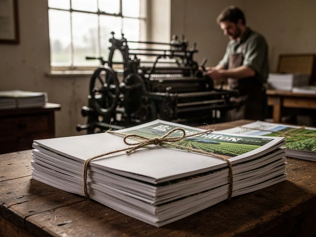 Freshly printed agricultural magazines with plain covers, tied with twine, an old letterpress machine in the background,