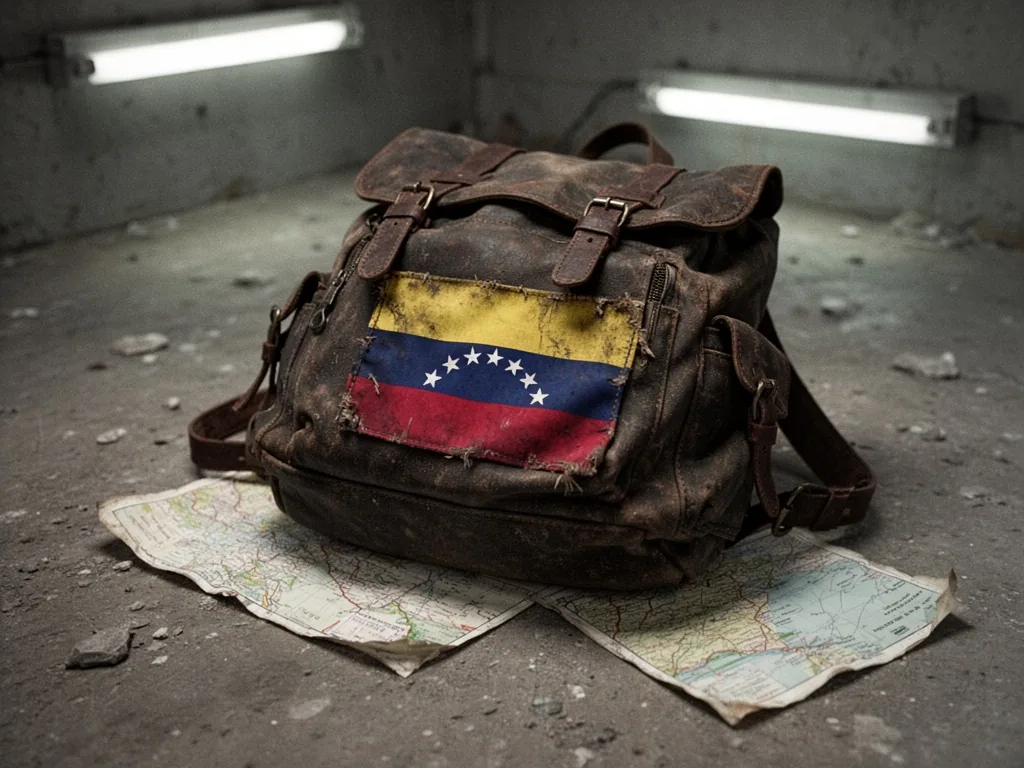 A battered leather backpack with a faded Venezuela flag patch on a gritty concrete floor, worn map edges visible, dim fl