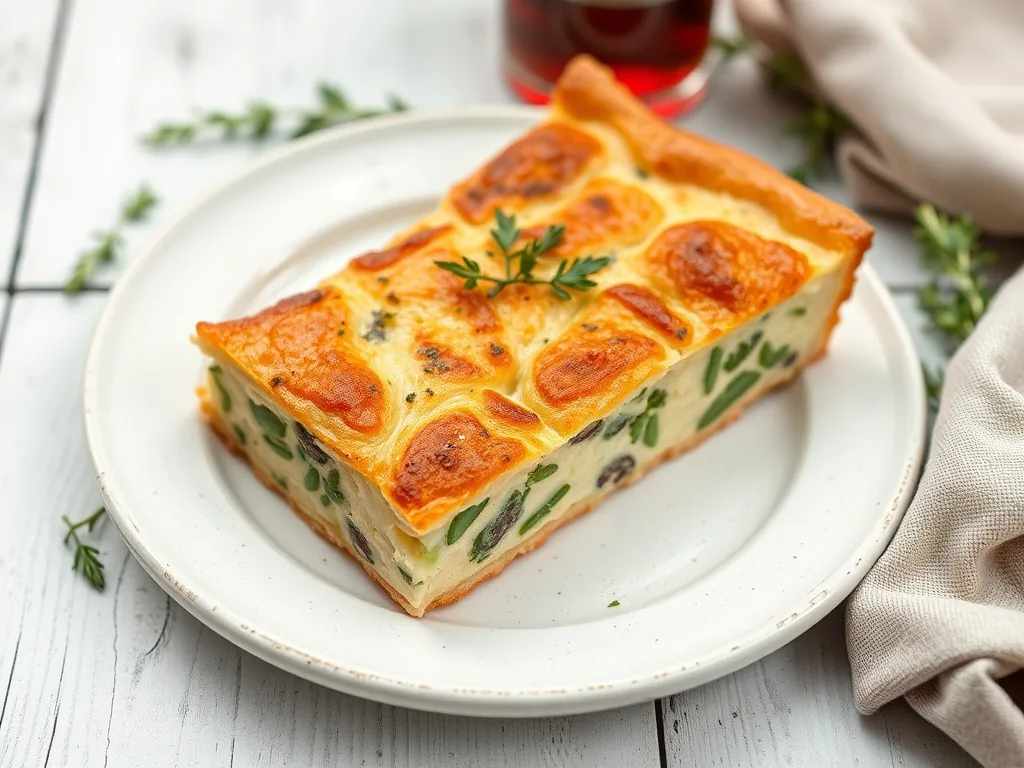 Tourte aux herbes dorée, coupée en parts, laissant voir la garniture verte aux herbes et au fromage, sur un plat en terre cuite, avec un verre de vin blanc.