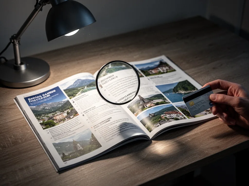 A glossy travel brochure spread on a wooden desk, fine print magnified under a desk lamp, a hand holding a credit card n