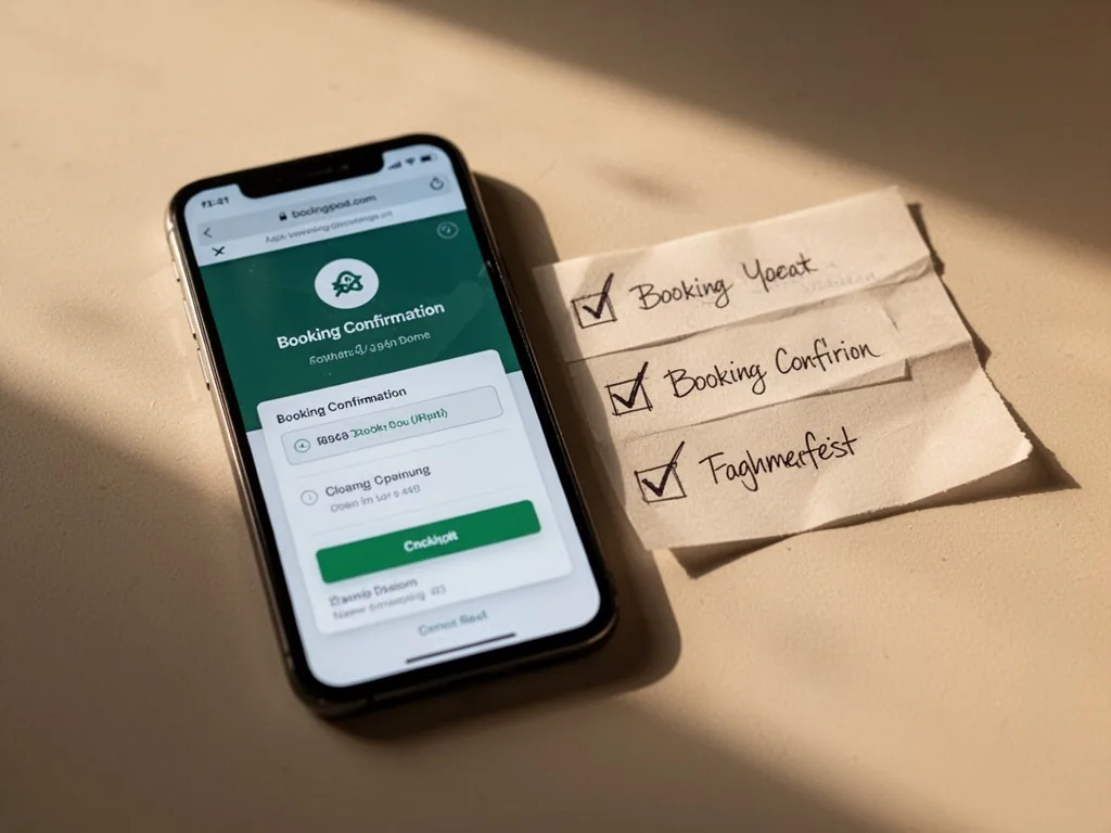 A smartphone screen displaying a booking confirmation, three handwritten checklist items visible beside it, morning ligh