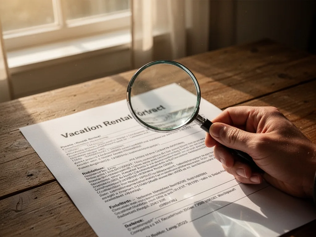 A magnifying glass held by a hand over a printed vacation rental contract page with small fine print, wooden desk, soft 