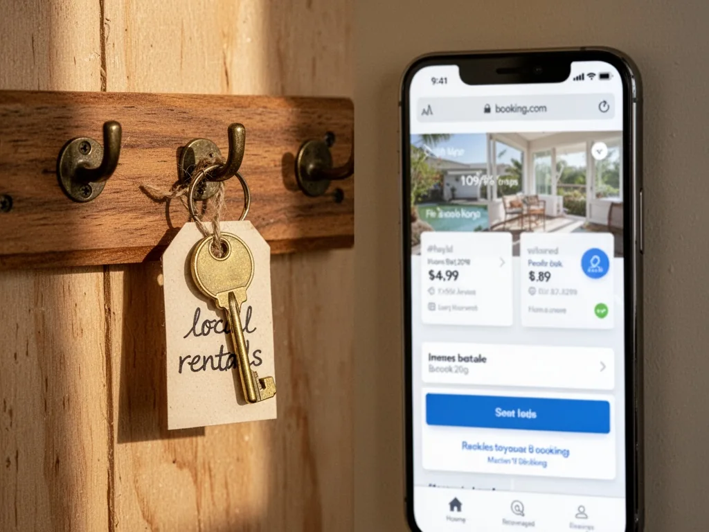 A wooden key rack with a single brass key and handwritten 'local rentals' tag, next to a large smartphone screen display