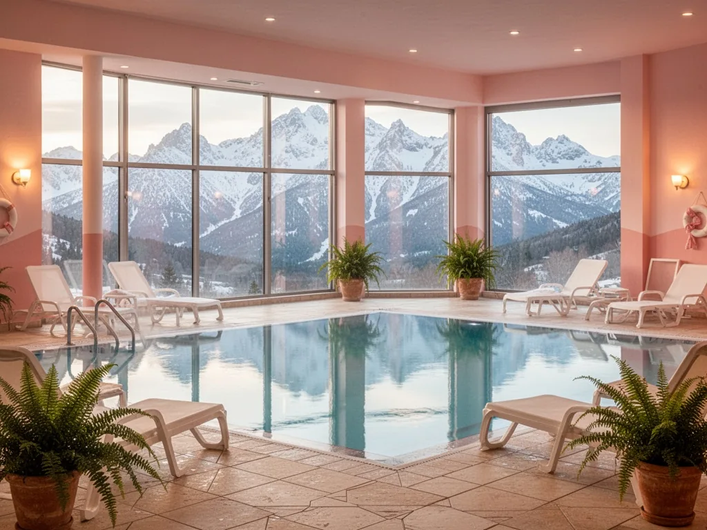 An indoor heated pool with large glass windows framing snowy mountain peaks, tiled floor, white lounge chairs, soft warm