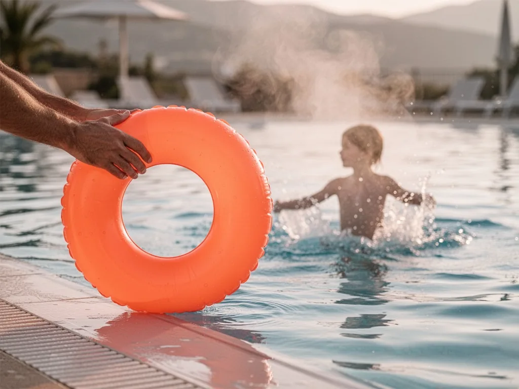A parent's hand holding a bright orange inflatable ring at pool edge, blurred silhouette of a child splashing, rippling 