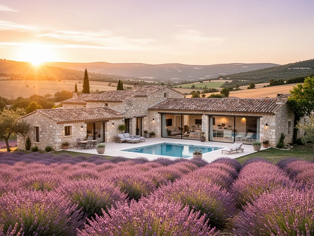 A stone village resort nestled among lavender fields in Drôme, indoor pool visible through glass facade, golden sunset l