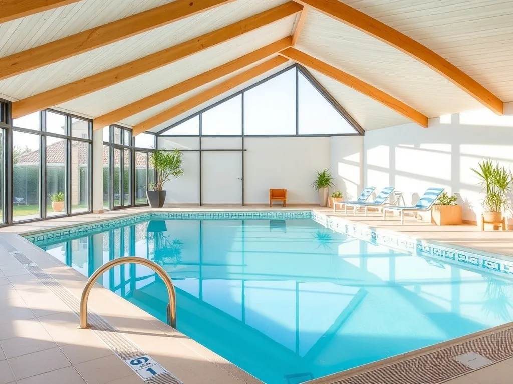 Famille profitant de la piscine intérieure chauffée d'un village vacances en Drôme