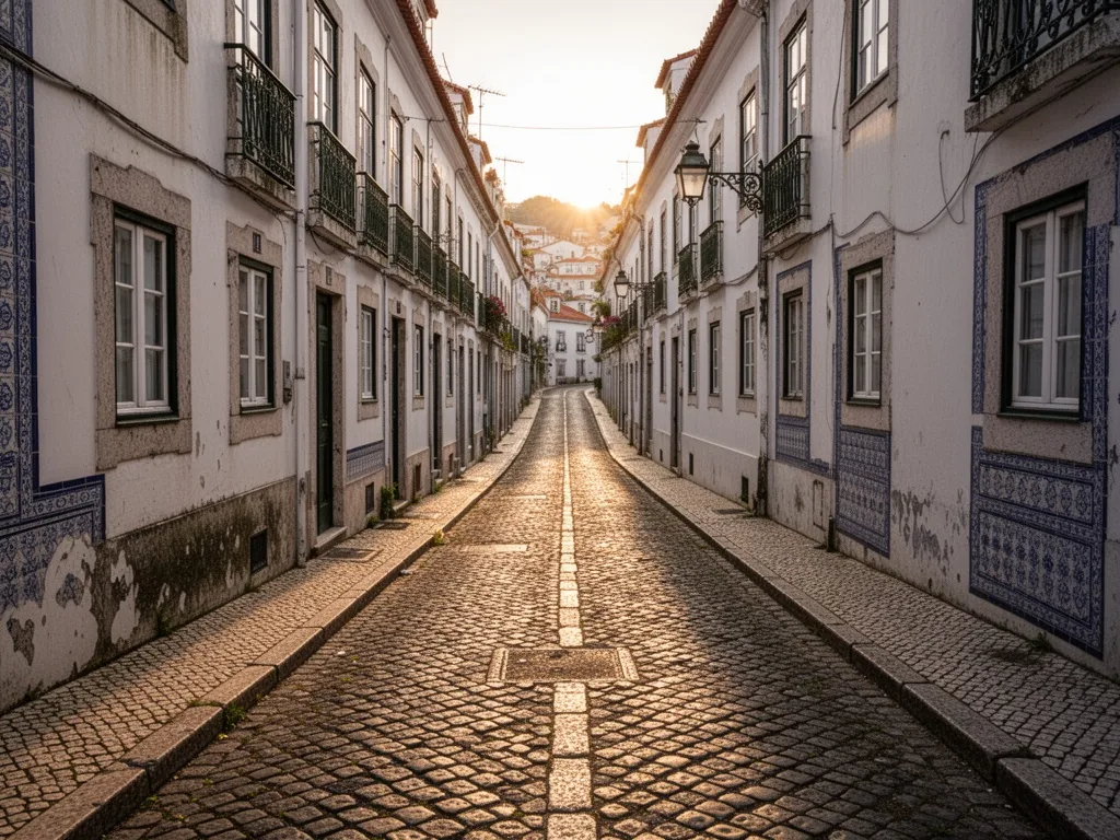 A narrow cobblestone street in Lisbon climbing steeply uphill, whitewashed houses with blue tile accents, late afternoon