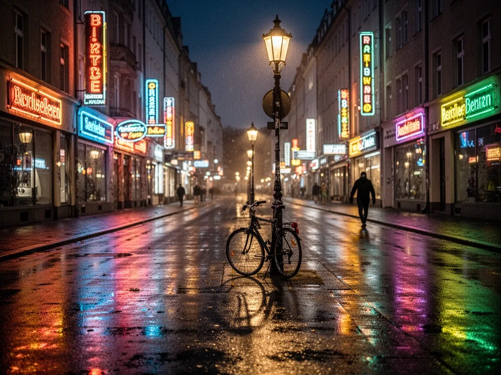 A neon-lit Berlin street at midnight, wet asphalt reflecting multicolored signs, a lone bicycle leaned against a lamppos