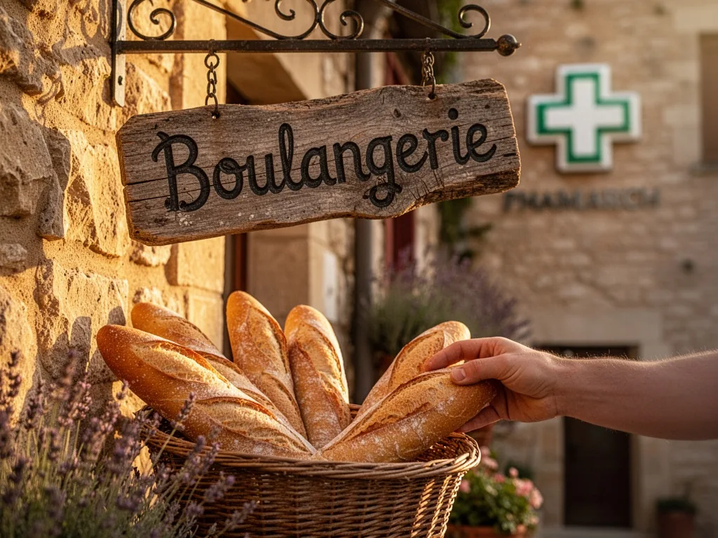 A crooked wooden sign reading "Boulangerie" hanging above a basket of baguettes, a hand reaching for one, blurred pharma