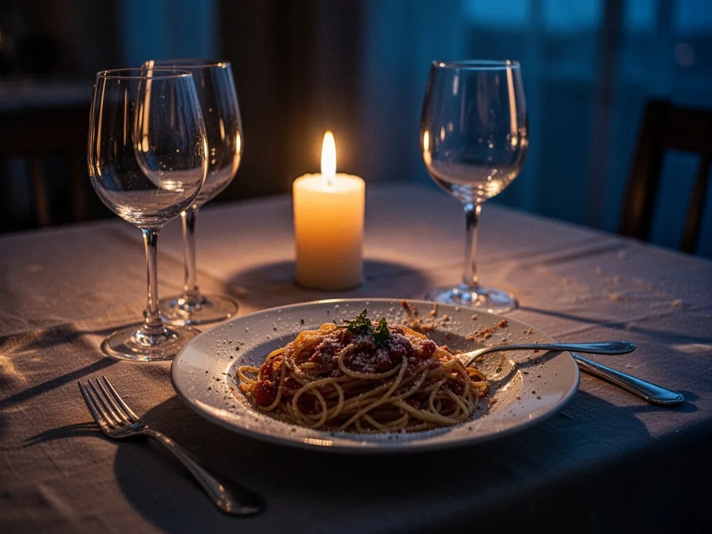 A candlelit dinner table with two empty wine glasses and a half-eaten plate of pasta, soft shadows from a single candle,