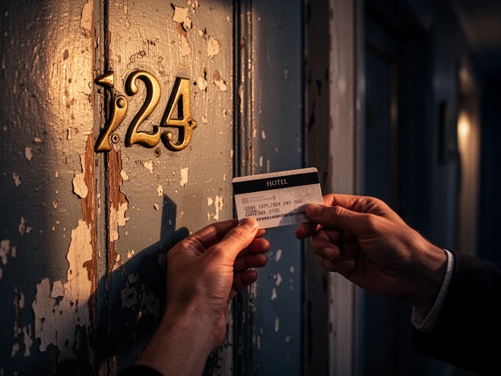 A hand holding a hotel key card next to a worn room door with chipped paint and a crooked brass number, dim corridor lig